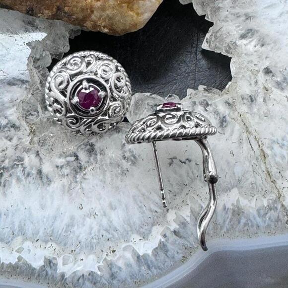 Carolyn Pollack Sterling Silver Faceted Round Ruby Omega Back Stud Earrings - Picture 3 of 10